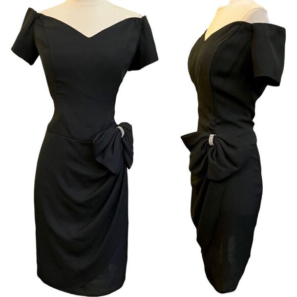 Stunning Vintage 80s VaVaVoom Oversized Rhinestone Bow Off the Shoulder Dress - Picture 1 of 8